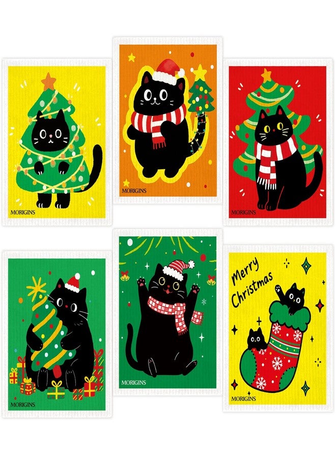 Morigins Colorful Christmas Black Cat Swedish Kitchen Towel Winter Snowflake Christmas Bell Absorbent Hand Towel Reusable Quick-Dry Kitchen Cleaning Cloth Cellulose Sponge Cloth 6-Piece Set - Image 1